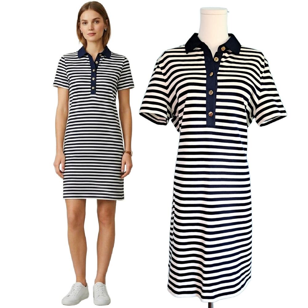 TORY BURCH Polo Dress Large Navy Stripe Short Sleeve Casual Prep Cotton